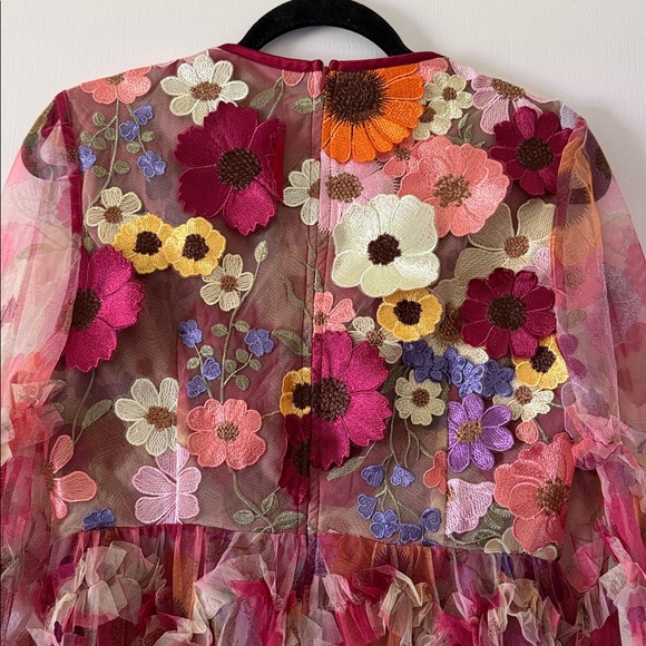 Floral Embroidered Ruffle Tulle Dress in Burgundy & Multicolor - Picture 3 of 5